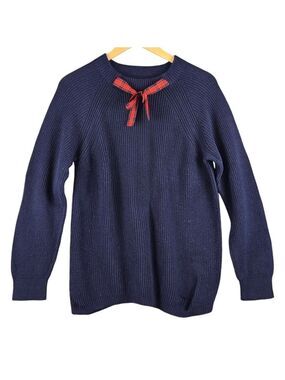 J.Crew Mercantile Women's Navy Knit Sweater L Red Plaid Bow Accent Raglan Sleeve